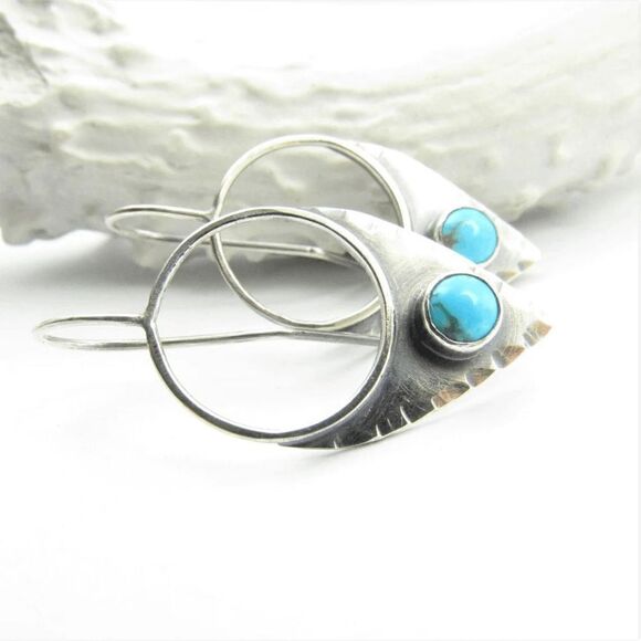 SILVER TURQUOISE GEOMETRIC BOHO WESTERN TRIBAL DANGEL EARRINGS - Picture 3 of 5